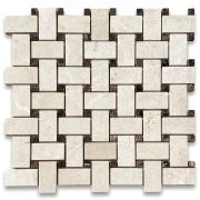 Crema Marfil 1x2 Basketweave Mosaic Tile w/ Emperador Dark Dots Polished