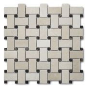 Crema Marfil 1x2 Basketweave Mosaic Tile w/ Emperador Dark Dots Tumbled