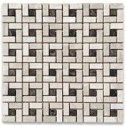 Crema Marfil Marble Pinwheel Windmill Spiral Target Mosaic Tile w/ Emperador Dark Dots Tumbled