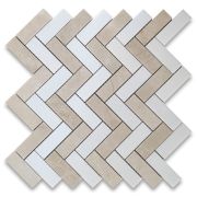 Crema Marfil Marble 1x3 Herringbone Mosaic Tile w/ Thassos White Polished