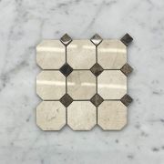 (Sample) Crema Marfil Marble 2 inch Octagon Mosaic Tile w/ Emperador Dark Brown Dots Polished