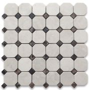 Crema Marfil Marble 2 inch Octagon Mosaic Tile w/ Emperador Dark Dots Tumbled