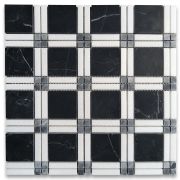 Nero Marquina Black Marble Plaid Tartan Mosaic Tile w/ Bardiglio Gray Thassos White Honed