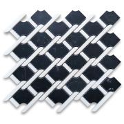 Nero Marquina Black Marble Princess Weave Rope Mosaic Tile w/ Thassos White Honed