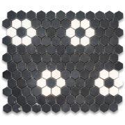 Nero Marquina Black Marble 1 inch Hexagon Rosette Mosaic Tile w/ Thassos White Honed