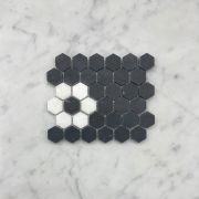 Nero Marquina Black Marble 1 inch Hexagon Rosette Mosaic Tile w/ Thassos White Honed