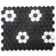 Nero Marquina Black Marble 1 inch Hexagon Rosette Mosaic Tile w/ Thassos White Polished