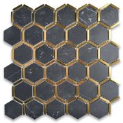 Nero Marquina Black Marble 2 inch Hexagon Mosaic Tile w/ Brass Strips Honed