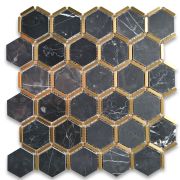 Nero Marquina Black Marble 2 inch Hexagon Mosaic Tile w/ Brass Strips Polished