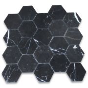 Nero Marquina Black Marble 3 inch Hexagon Mosaic Tile Honed