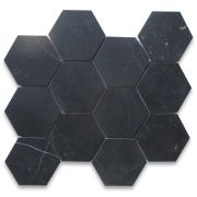 Nero Marquina Black Marble 4 inch Hexagon Mosaic Tile Honed