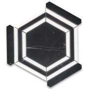 Nero Marquina Black Marble 5 inch Hexagon Georama Geometric Mosaic Tile w/ Thassos White Strips Honed