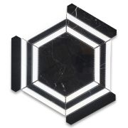 Nero Marquina Black Marble 5 inch Hexagon Georama Geometric Mosaic Tile w/ Thassos White Strips Polished