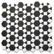 Nero Marquina Black Marble 1-1/2 inch Hexagon Sunflower Ring Waterjet Mosaic Tile w/ Thassos White Marble Honed