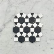 Nero Marquina Black Marble 1-1/2 inch Hexagon Sunflower Ring Waterjet Mosaic Tile w/ Thassos White Marble Honed