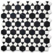 Nero Marquina Black Marble 1-1/2 inch Hexagon Sunflower Ring Waterjet Mosaic Tile w/ Thassos White Marble Polished