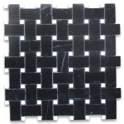 Nero Marquina Black Marble 1x2 Basketweave Mosaic Tile w/ White Dots Honed