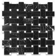 Nero Marquina 1x2 Basketweave Mosaic Tile w/ Carrara White Dots Polished