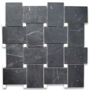 Nero Marquina Black Marble Large Basketweave Mosaic Tile w/ Thassos White Dots Honed