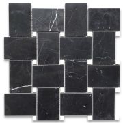 Nero Marquina Black Marble Large Basketweave Mosaic Tile w/ Thassos White Dots Polished