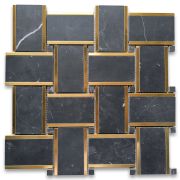 Nero Marquina Black Marble 2x3 Basketweave Mosaic Tile w/ Brass Strips Honed
