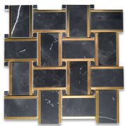 Nero Marquina Black Marble 2x3 Basketweave Mosaic Tile w/ Brass Strips Polished