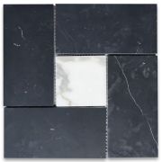 Nero Marquina Black Marble 3x6 Pinwheel Windmill Spiral Target Mosaic Tile w/ Statuary White 3" Dots Honed