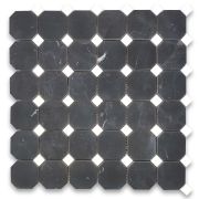 Nero Marquina Black Marble 2 inch Octagon Mosaic Tile w/ Thassos White Dots Honed