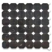 Nero Marquina Black Marble 2 inch Octagon Mosaic Tile w/ Thassos White Dots Polished