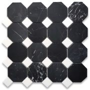 Nero Marquina Black Marble 3 inch Octagon Mosaic Tile w/ Thassos White Dots Honed