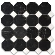 Nero Marquina Black Marble 3 inch Octagon Mosaic Tile w/ Thassos White Dots Polished