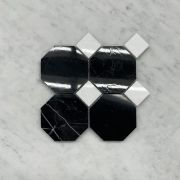 Nero Marquina Black Marble 3 inch Octagon Mosaic Tile w/ Thassos White Dots Polished