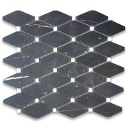 Nero Marquina Black Marble Lozenge Long Octave Rhomboid Chipped Diamond Mosaic Tile w/ Thassos White Dots Honed