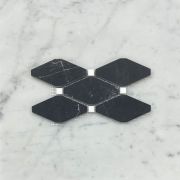 Nero Marquina Black Marble Lozenge Long Octave Rhomboid Chipped Diamond Mosaic Tile w/ Thassos White Dots Honed