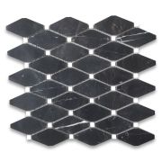 Nero Marquina Black Marble Lozenge Long Octave Rhomboid Chipped Diamond Mosaic Tile w/ Thassos White Dots Polished