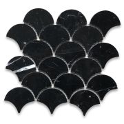 Nero Marquina Black Marble Grand Fish Scale Fan Shape Mosaic Tile Honed