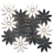 Nero Marquina Black Thassos White Marble Daisy Field Flower Waterjet Mosaic Tile Honed