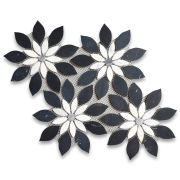 Nero Marquina Black Marble Wildflower Rain Flower Waterjet Mosaic Tile w/ Carrara & Bardiglio Honed