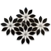 Nero Marquina Black Marble Wildflower Rain Flower Waterjet Mosaic Tile w/ Carrara & Bardiglio Polished