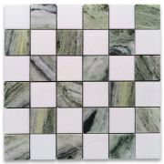 Sagano Vibrant Green Thassos White Marble 2x2 Checkerboard Mosaic Tile Honed