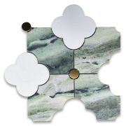 Sagano Vibrant Green Thassos White Marble Quatrefoil Four-Leaf Four-Lobed Clover Flower Mosaic Tile w/ Brass Dots Honed