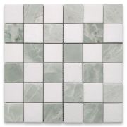 Thassos White Green Jade Marble 2x2 Checkerboard Mosaic Tile Polished
