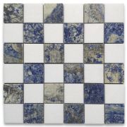 Thassos White Azul Macaubas Blue Marble 2x2 Checkerboard Mosaic Tile Honed