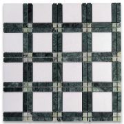 Thassos White Carrara White Marble Plaid Tartan Mosaic Tile w/ Indian Green Sagano Green Honed