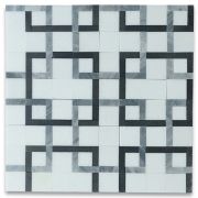 Thassos White Marble Square Mosaic Tile w/ Geometric Interconnected Black and Gray Links Honed