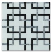 Thassos White Marble Square Mosaic Tile w/ Geometric Interconnected Black and Gray Links Polished