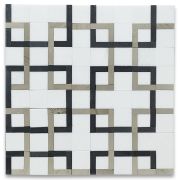 Thassos White Marble Square Mosaic Tile w/ Geometric Interconnected Black and Beige Links Honed