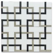 Thassos White Marble Square Mosaic Tile w/ Geometric Interconnected Black and Beige Links Polished