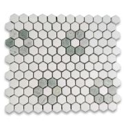 Thassos White Marble 1 inch Hexagon Rosette Mosaic Tile w/ Ming Green Honed