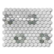 Thassos White Marble 1 inch Hexagon w/ Ming Green Marble Rosette Pattern Mosaic Tile Polished